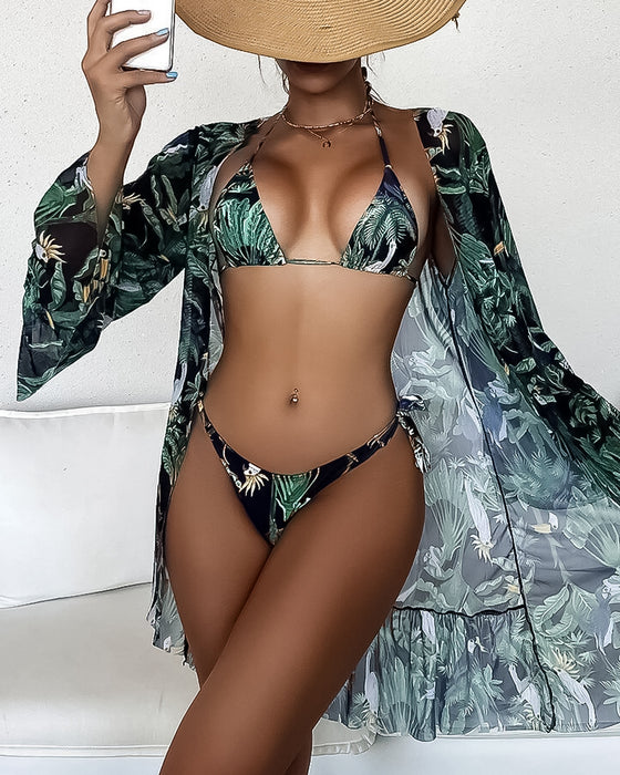 Ensemble trois pièces bikini tropical