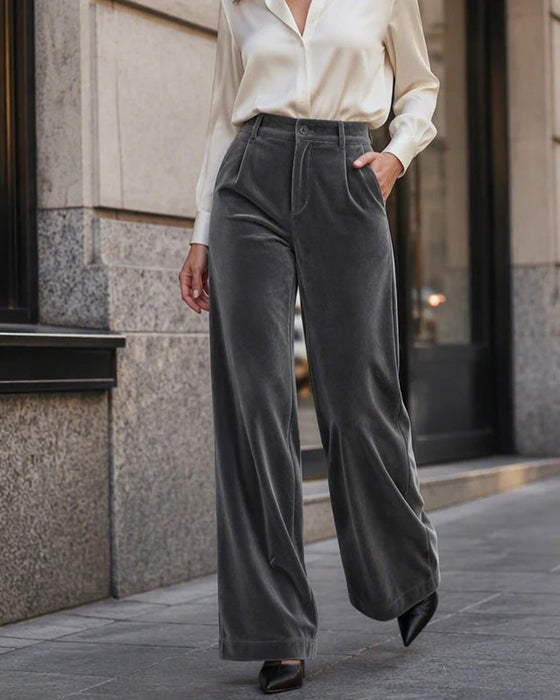 Pantalon Uni Velours Poche Long