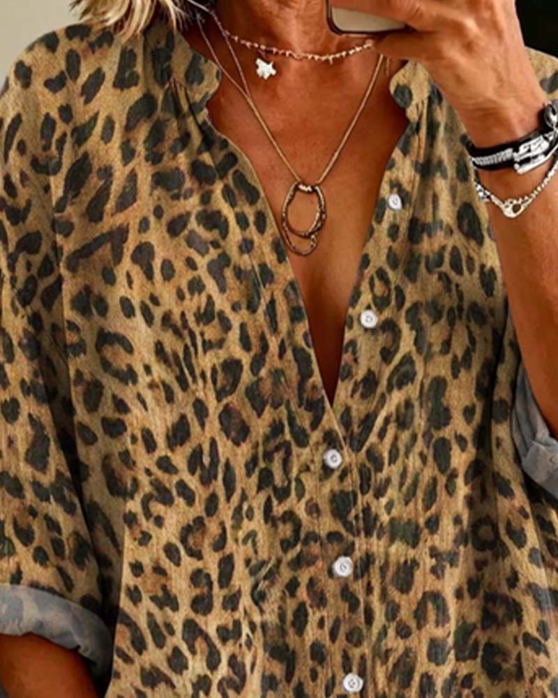 Chemise Col En V Bouton Léopard Manches Longues
