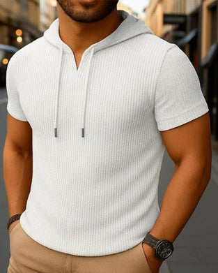 T-Shirt Col V Fente Rayure Verticale Manche Courte Hoodie