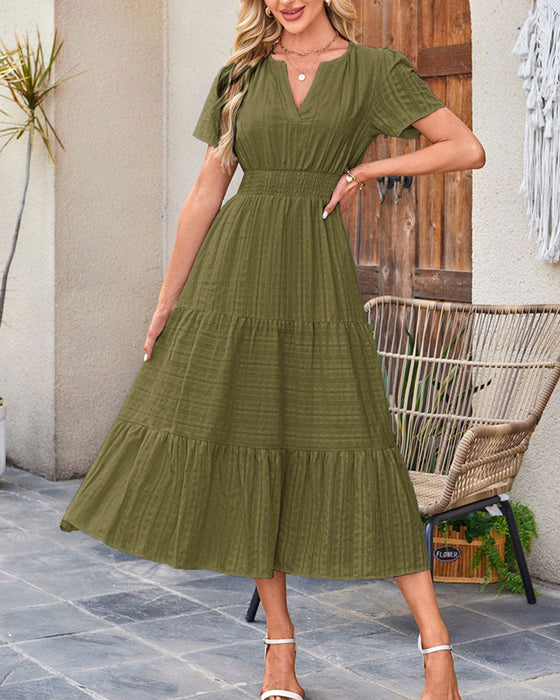 Robe Col En V Froncé Manche Bouffante Manches Courtes