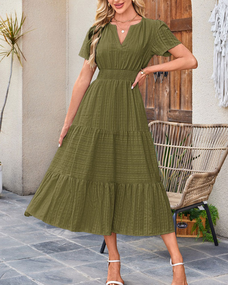 Robe Col En V Froncé Manche Bouffante Manches Courtes