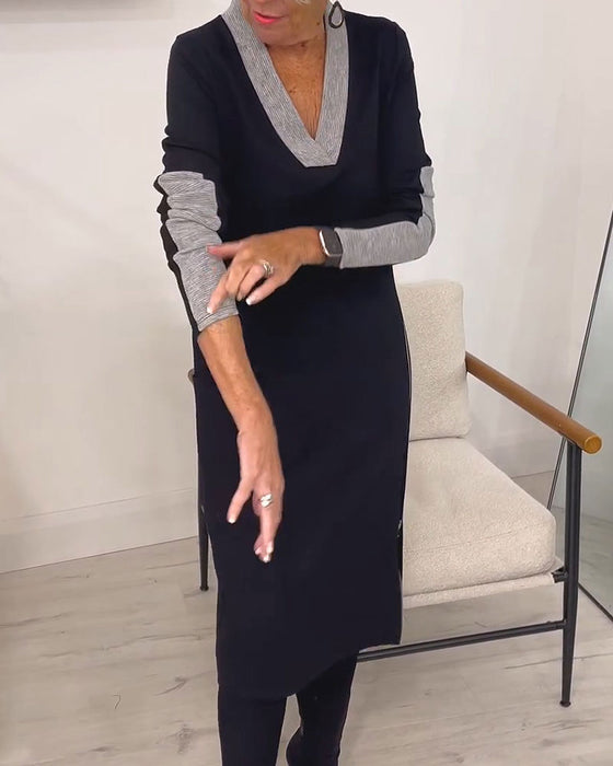 Robe Bloc De Couleur Col En V Tricotée Midi