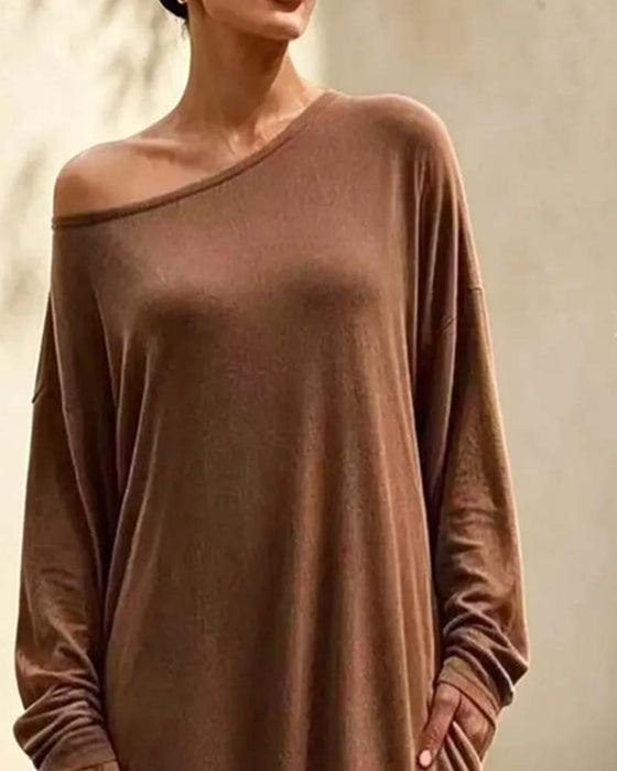 Robe Asymétrique Off-Shoulder Manche Longue Poche Maxi