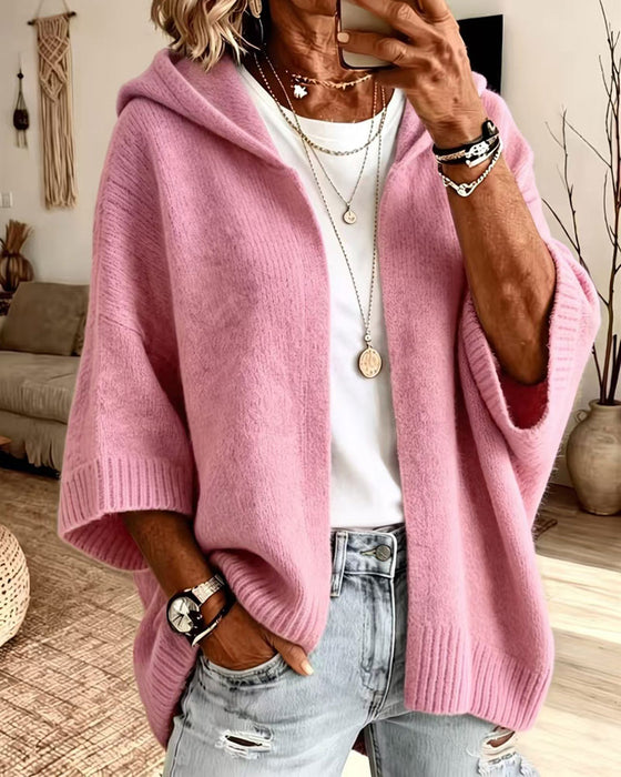 Cardigan 3/4 Manche Capuche Décontracté