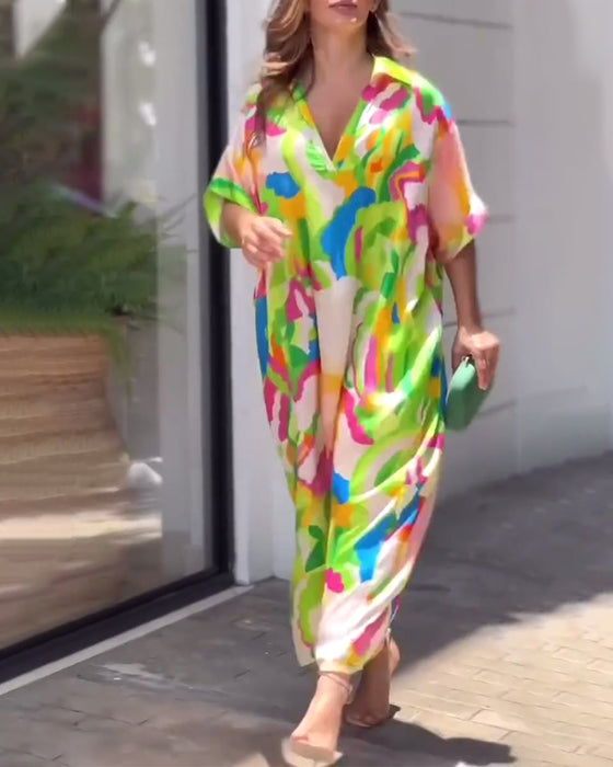 Robe décontractée à manches mi-longues et revers imprimés