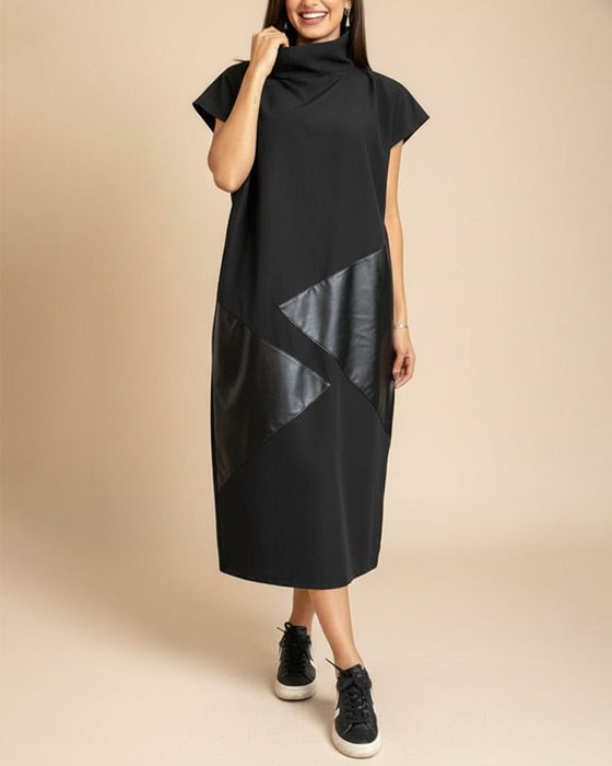 Robe Col Haut Pu Patchwork Manche Courte