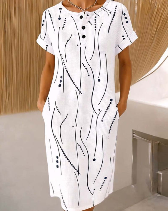 Robe Col Rond Bouton Ligne Gaufré