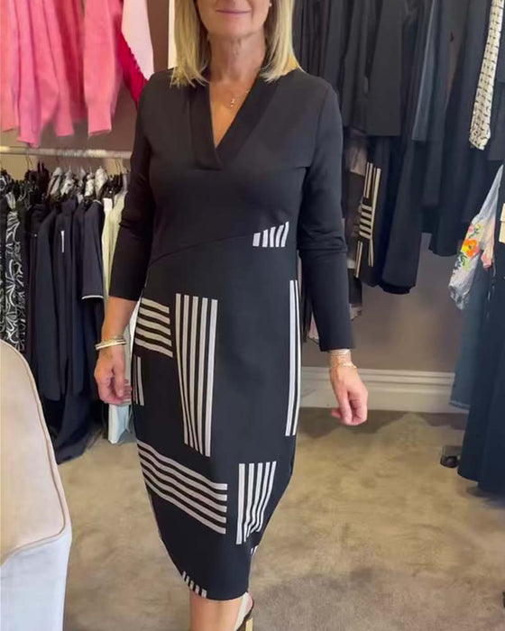Robe Rayure Géométrique Col En V Bodycon Midi