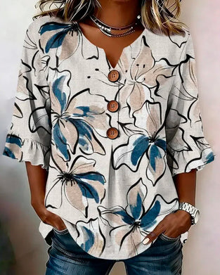 Blouse Col En V Fleuri Volant Manche 3/4