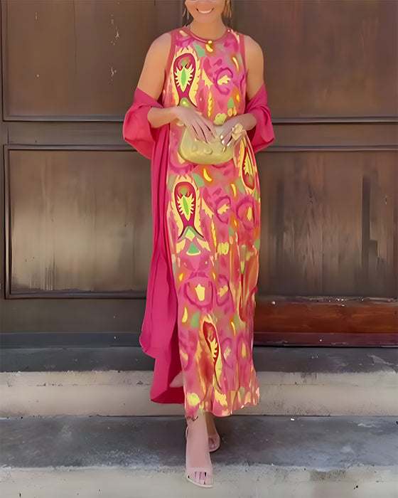 Ensemble Robe Longue Sans Manches Avec Long Cardigan