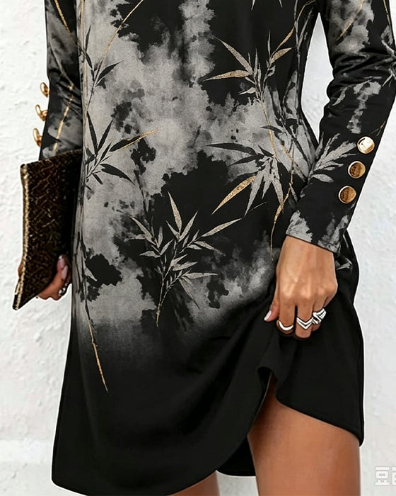 Robe Une-Épaule Encre Bambou Feuille Imprimé