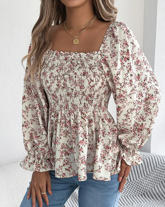 Blouse Col Carré Froncée Fleurie Volant