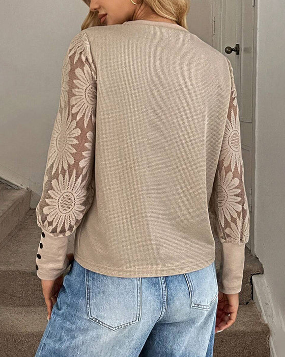 Haut Dentelle Crochet Incrustation Manches Longues