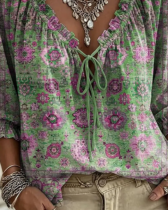 Blouse Col V Attache Vintage Imprimé