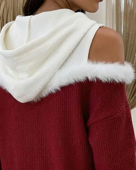 Sweat À Capuche Épaules Dénudées Fausse Fourrure Bordure