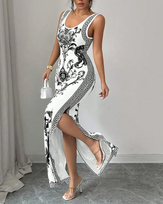 Robe Porcelaine Bleu-Blanc Sans Manches Fente Maxi