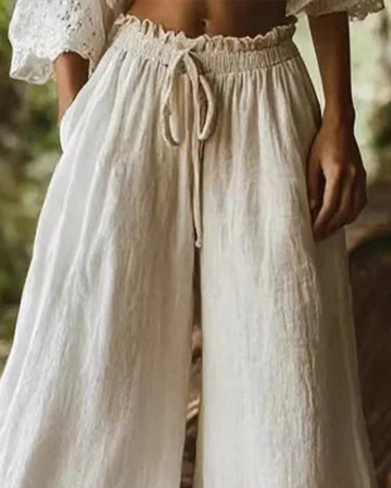 Pantalon Taille Élastique Cordon De Serrage Dentelle Patchwork Large Jambe