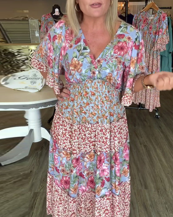 Robe Encolure En V Manche Lotus Fleuri