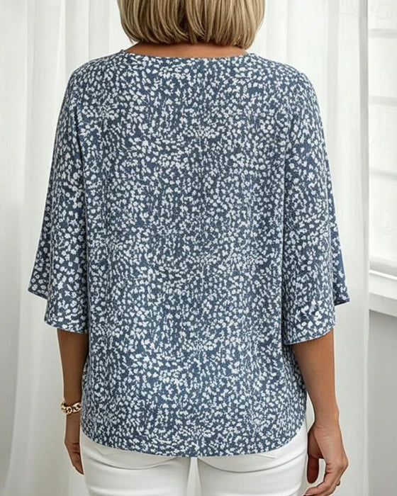 Blouse Col En V Fente Manche Cloche Fleurie Coude