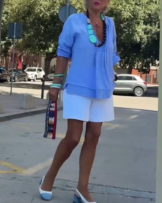 Blouse Col En V Froncée Panneau Décontractée