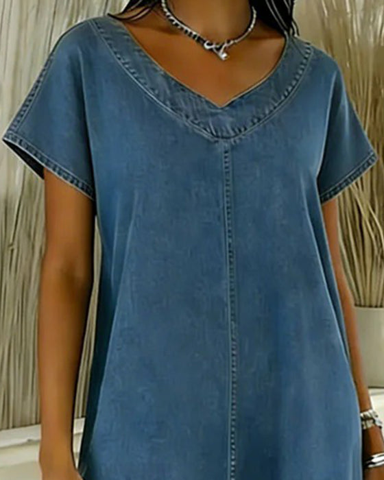 Robe Décontracté Col V Manche Courte Denim