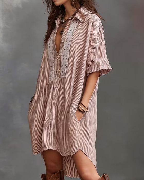 Robes Revers Rayure Patchwork Ample