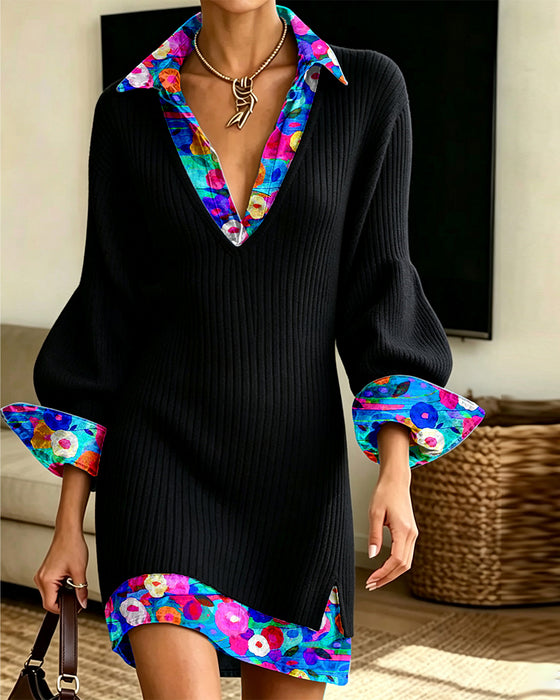 Robe Fausse Deux-Pièces Fleurie Col En V Tricotée Courte Mini