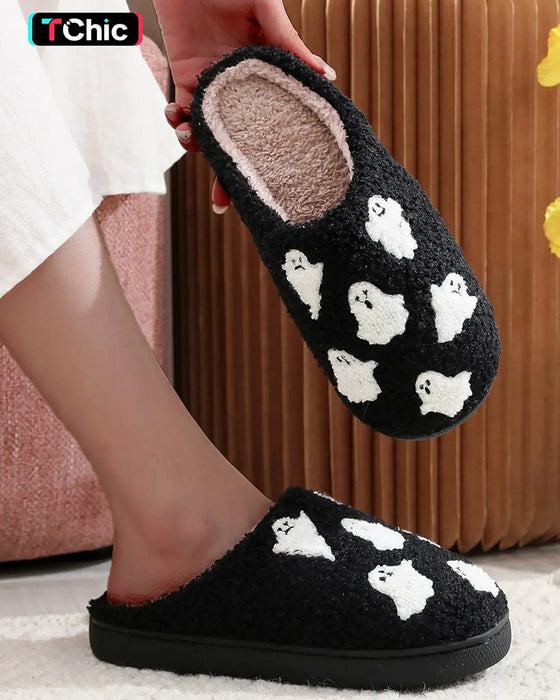 Chaussons En Peluche Pour Femmes à Motif Fantôme Cartoon Mignon