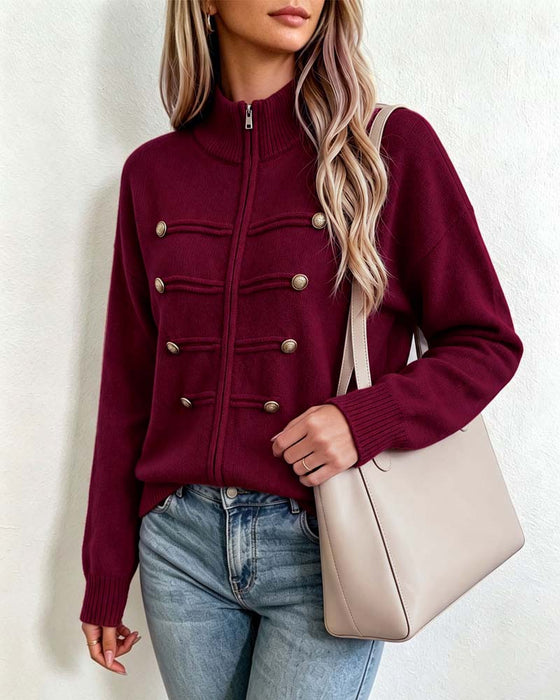 Cardigan Col Mandarin Mode Fermeture Éclair Tricoté