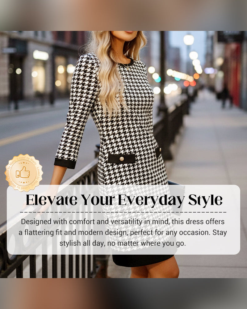 Robe Femme Col Rond Pied-de-Poule Bodycon Mi-Longue