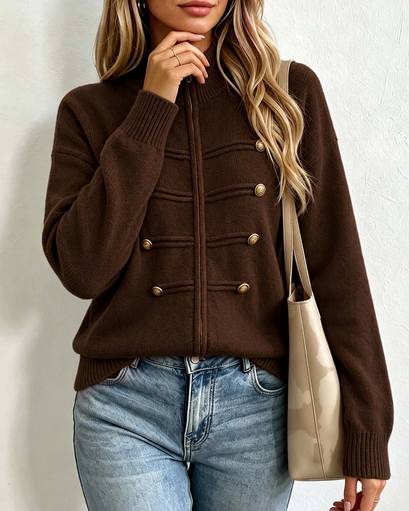 Cardigan Col Mandarin Mode Fermeture Éclair Tricoté