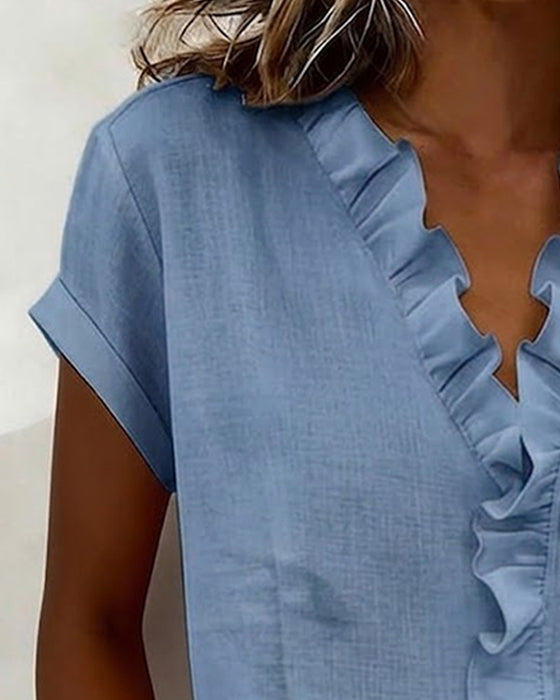 Blouse À Manches Courtes En Pur Coton Avec Col À Volants