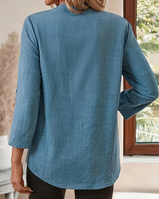 Blouse Col V Uni Manches Longues Poche