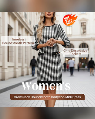 Robe Femme Col Rond Pied-de-Poule Bodycon Mi-Longue