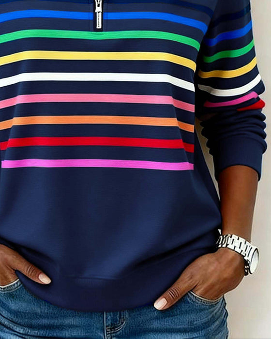 Sweat À Col Zippé À Moitié Avec Rayures Arc-En-Ciel Tendance