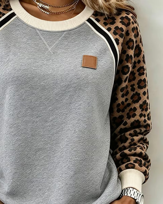 Sweatshirt Léopard Bloc De Couleur Col Rond