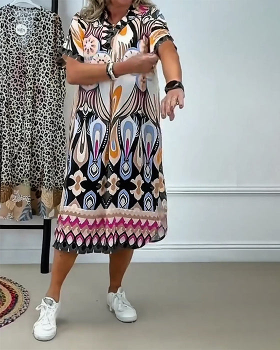 Robe Bohème Imprimée Droite Manches Courtes