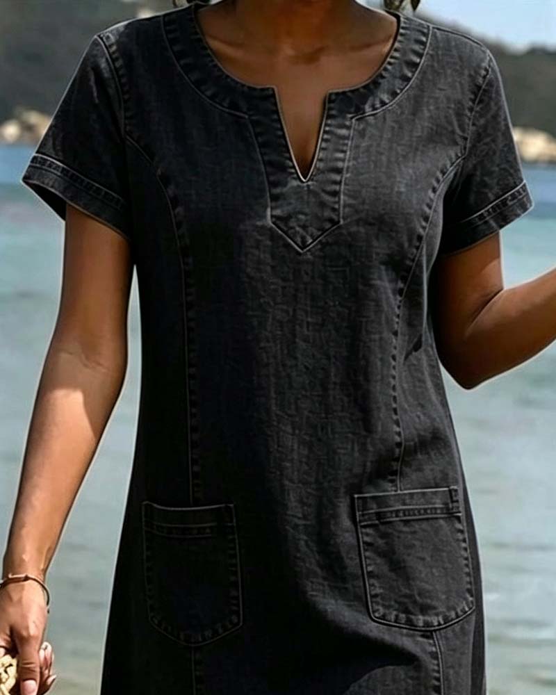 Robe Décontractée Fourreau Poche Petit Col En V