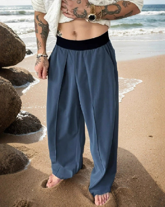 Pantalon Bloc De Couleur Taille Élastique Décontracté