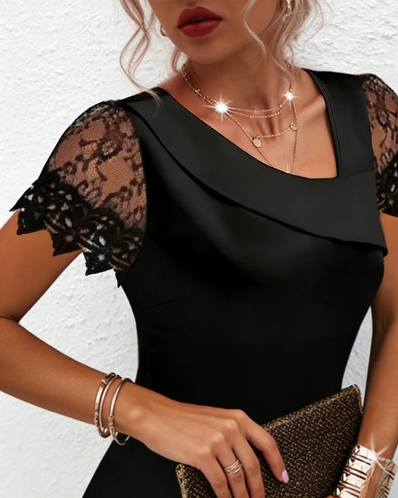 T-Shirt Col Décloué Dentelle Manches Courtes