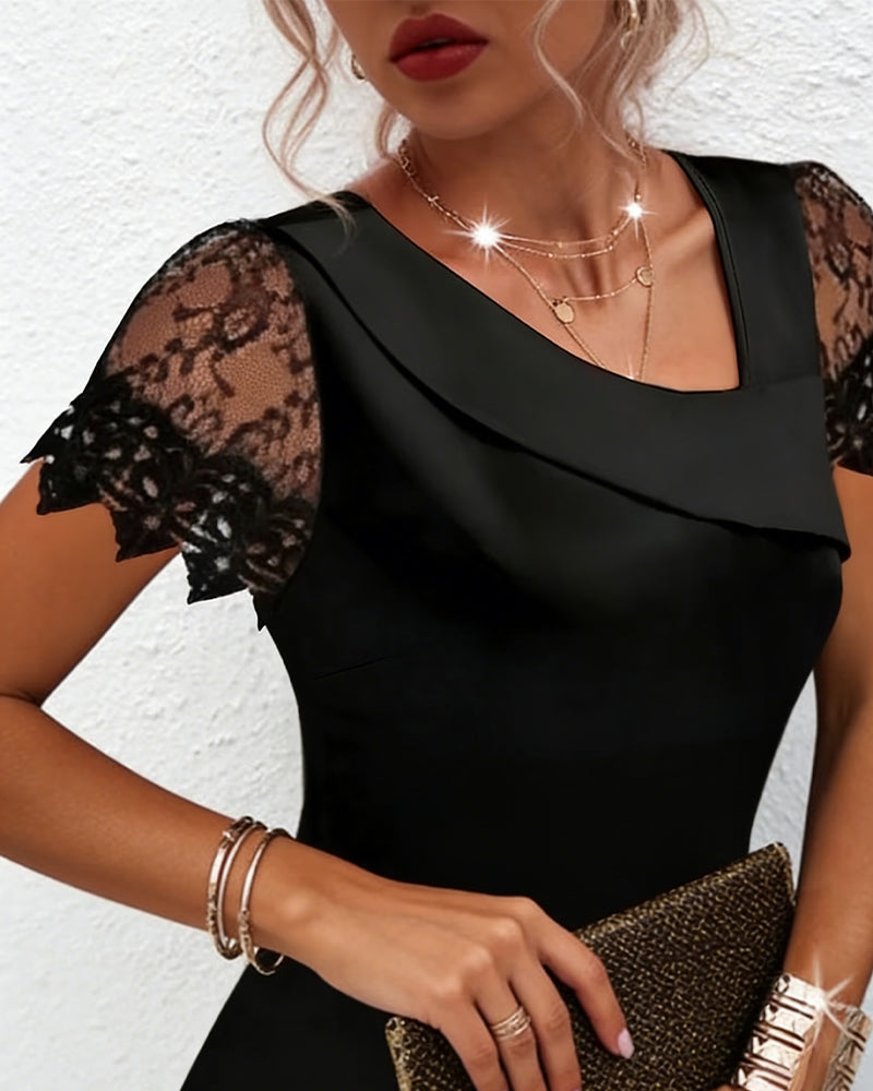 T-Shirt Col Décloué Dentelle Manches Courtes