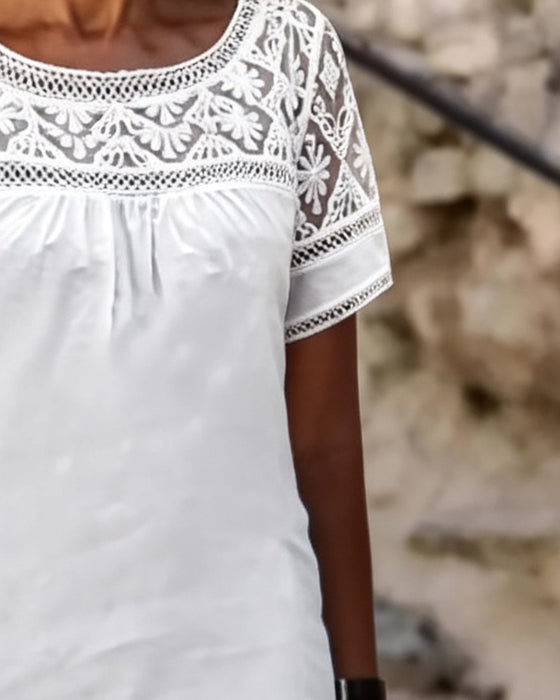 Robe Col Rond Dentelle Patchwork Décontractée