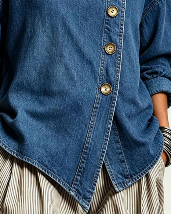 Manteau Bouton Diagonal Col Montant Denim