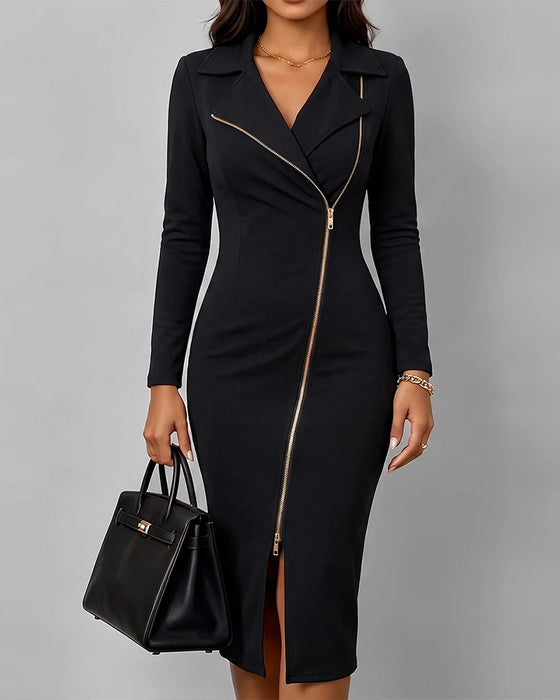 Robe Revers Diagonale Fermeture Éclair Fente