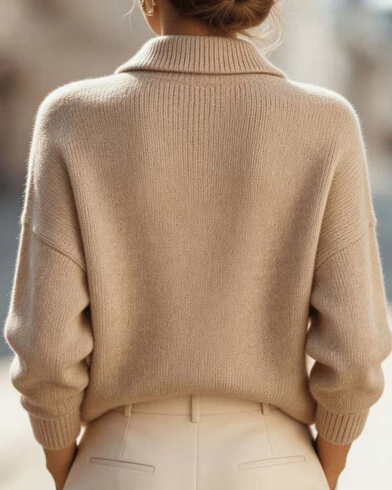 Pullover Col-Retourné Drop-Épaule Unie Manche-Longue