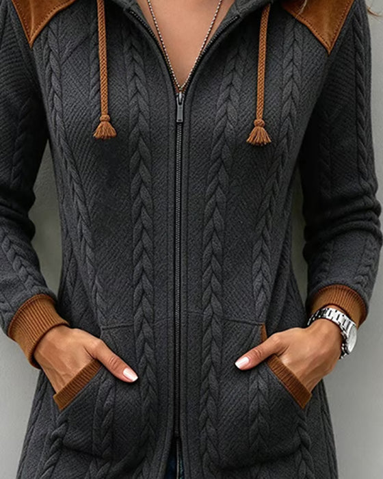 Manteau Blocs De Couleurs Tresse À Capuche Fermeture Éclair
