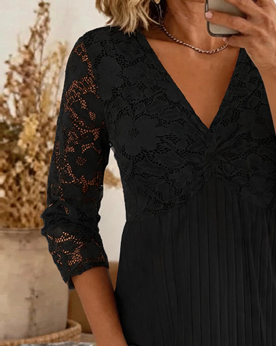 Blouse Décontractée Col En V Dentelle Panneau