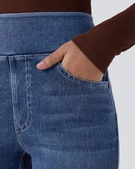 Pantalon Taille Haute Denim Poche Évasé