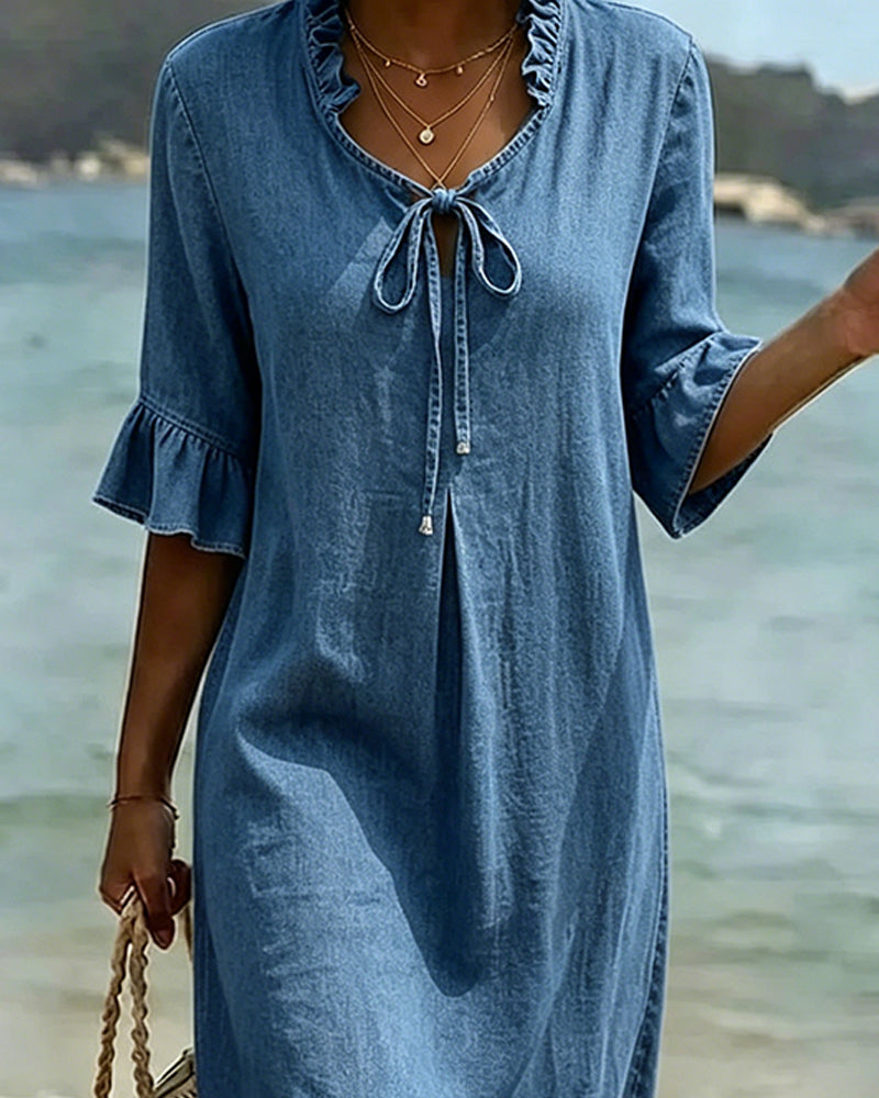 Robe Volant Nœud À La Taille Denim